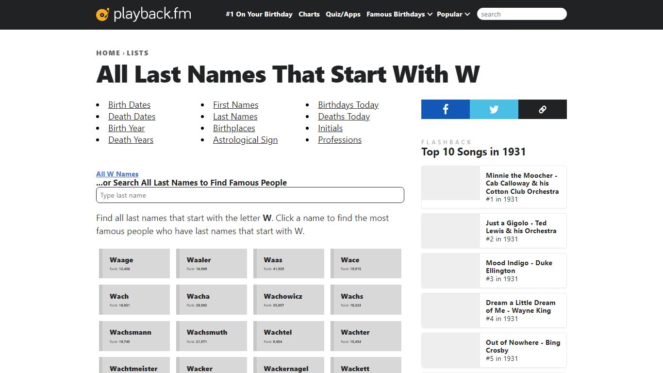 Last Names (Surnames) Starting with W - Playback.fm